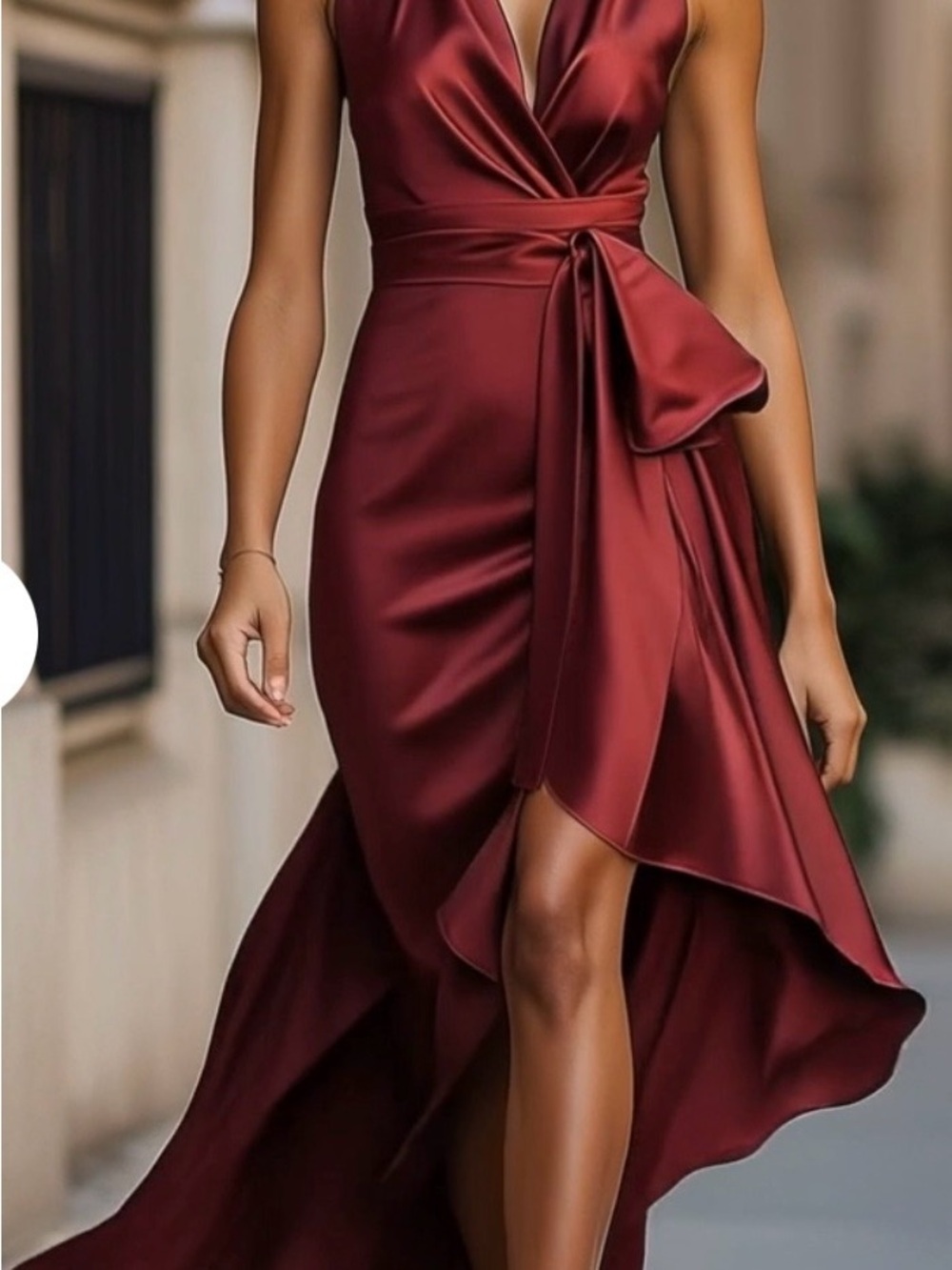Mooyius Midnight Elegance Burgundy Satin Halter Ruffle Gown - Picture 2 of 4